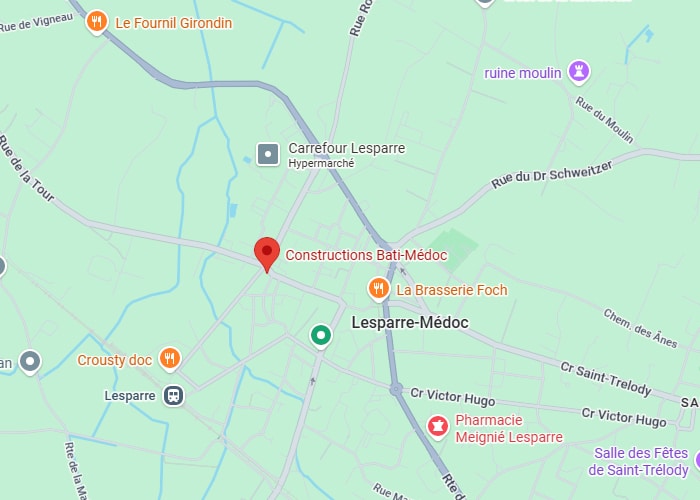 Carte de Lesparre-Médoc : Constructions Bati-Médoc Carte de Lesparre-Médoc affichant la localisation de Constructions Bati-Médoc et commerces à proximité.